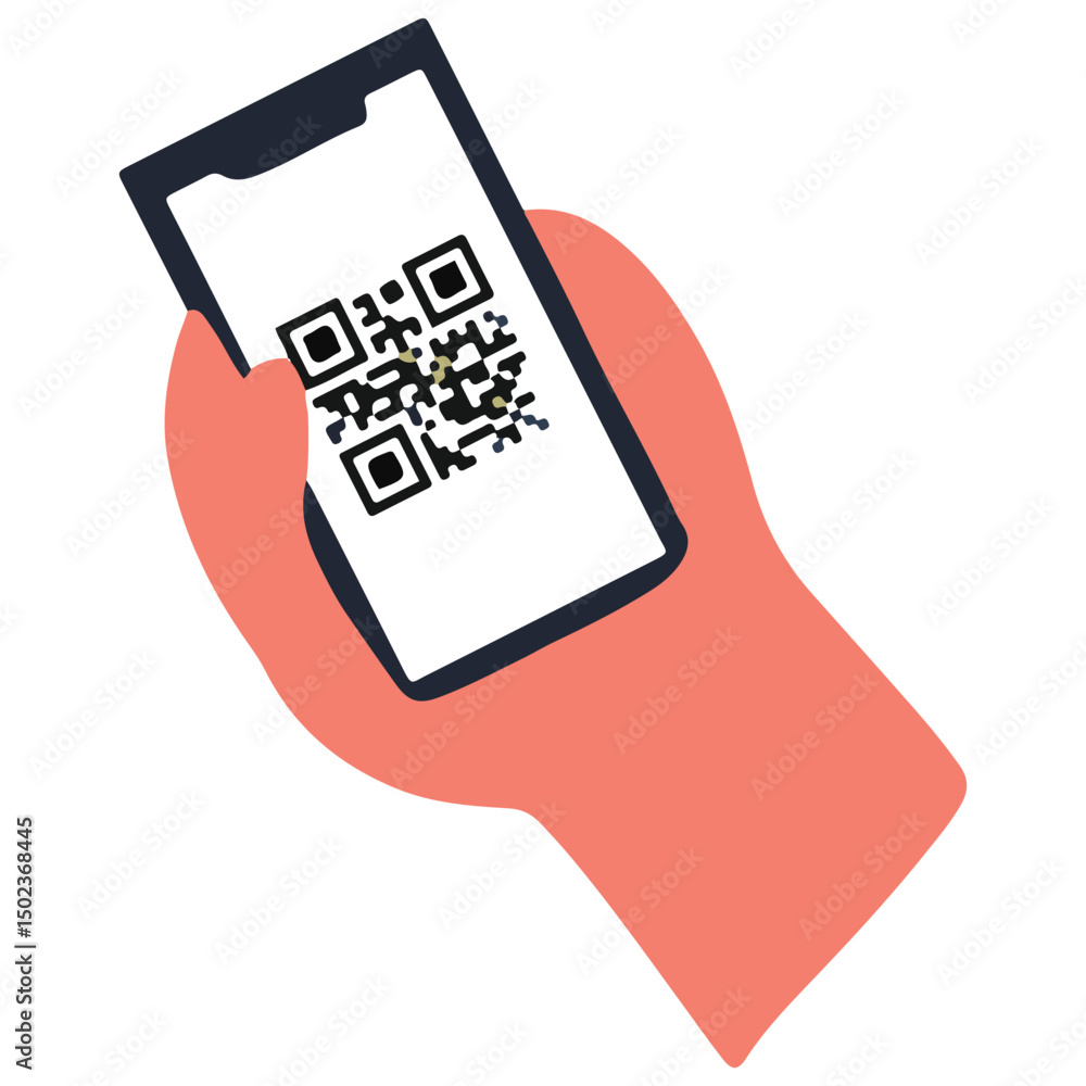 illustration of hand holding cellphone to scan qris online payment. Simple flat design illustration of a hand using a smartphone to scan a QR code for payment, ideal for e-commerce, fintech, and mobil