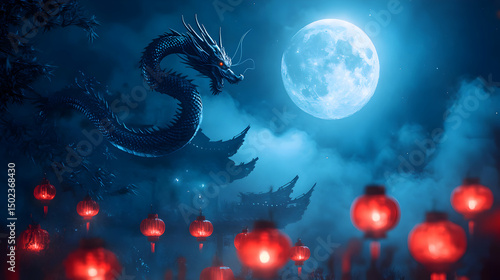 Mystical dragon soars over oriental architecture under a luminous full moon