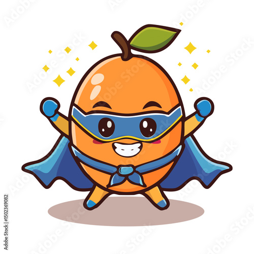Cute orange superhero fruit character in blue cape and mask. Fun cartoon vector perfect for Father's Day, kids’ design, posters, or fruit-themed illustrations
