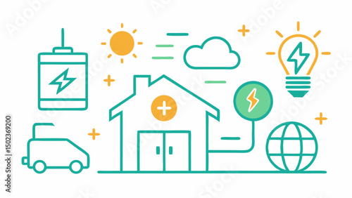 Solar panel stroke icon set with sun power home system for eco-friendly energy solutions
