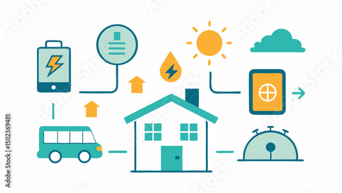 Solar panel stroke icon set with sun power home system for renewable energy solutions