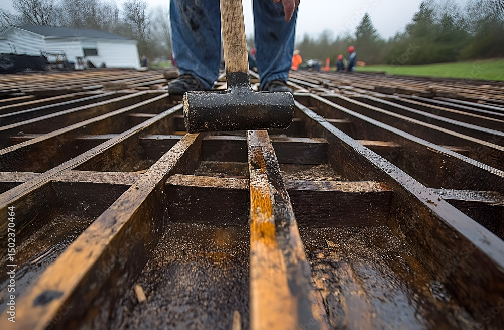 Construction worker using a sledgehammer on wooden beams Construction worker using a sledgehammer on wooden beams