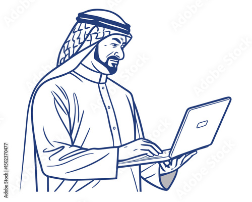 An Arab Businessman Working on Laptop in a White Room