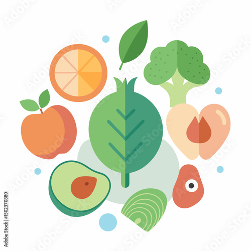 Vibrant Flat Lay of Fresh Fruits and Vegetables: A Colorful Composition of Healthy Foods
