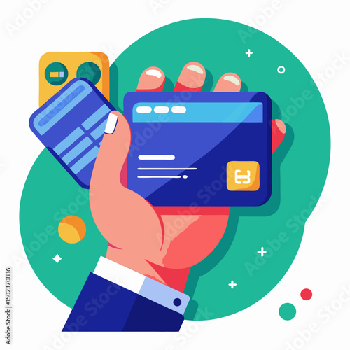 Hand holding credit card and mobile phone, contactless payment concept illustration