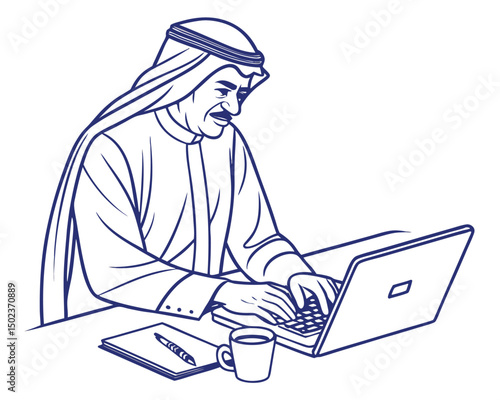 Arab Man Working on Computer at Desk Illustration