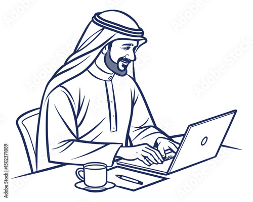 The Arab Man Works On Laptop In Office Workplace