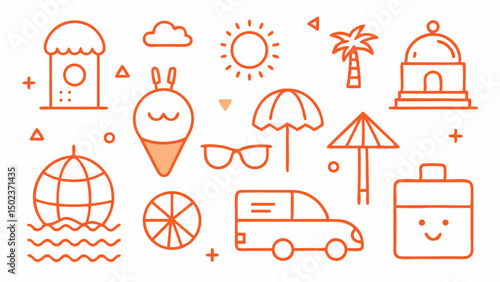 Editable travel icons designed for summer vacation visuals with high quality line art perfect for travel blogs guides and holiday themed design projects