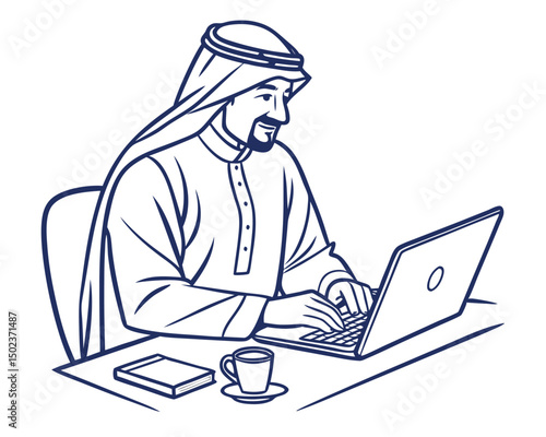 Man in Thobe Using Laptop at Desk with Coffee