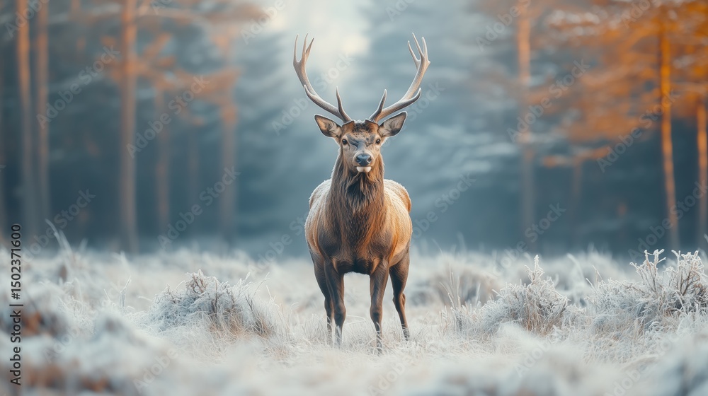 Fototapeta premium Stag standing in frosty forest clearing.