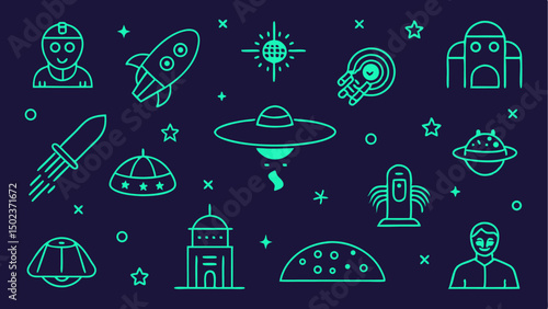 UFO and alien stroke icon set with detailed line art featuring extraterrestrial themes ideal for sci-fi books space games and otherworldly creative designs