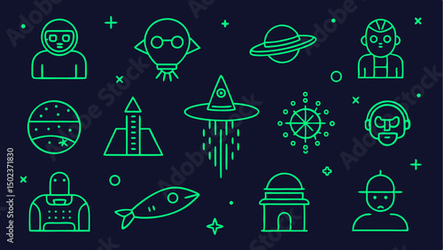 Alien and UFO stroke icon pack offering clean line illustrations for use in themed art alien documentaries or science fiction inspired visual storytelling