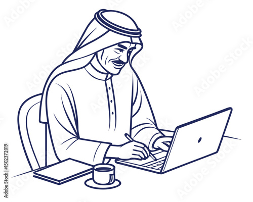 Arab Businessman Working Diligently at His Laptop Computer