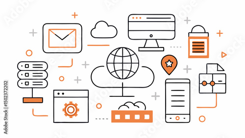 Web hosting icon set with outlined vector designs suitable for websites that provide server space domain services and web development support visuals