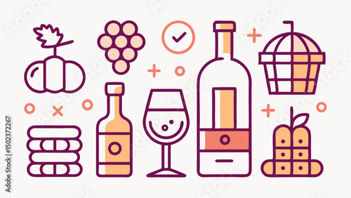 Wine themed stroke icon collection with glasses bottles and grapes perfect for wineries restaurant branding and lifestyle blog or social media content