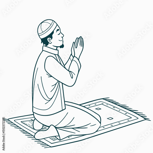 Illustrative Figure Praying On Rug in Islamic Ritual Posture