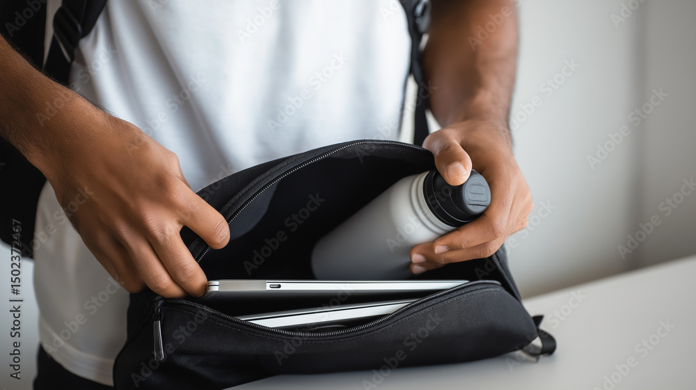 Fototapeta premium Person's hands packing a water bottle and tablet into a backpack, suggesting preparation for travel or daily activity. 