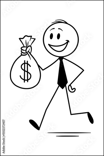 A smiling stickman walks holding a money bag, symbolizing success, wealth, and financial gain. vector illustration of a cartoon character