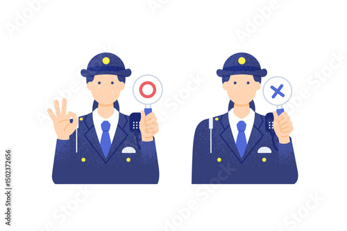 女性警察官がマルバツ札でジャッジするイラスト OK判定を出す上半身ベクターイラスト素材