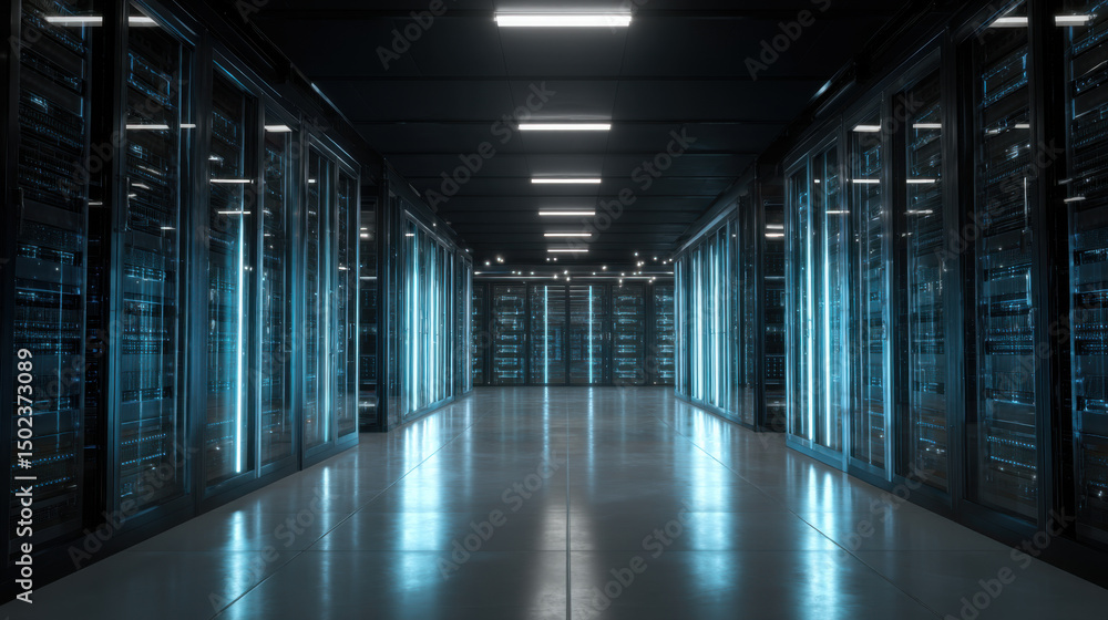 Wide shot of a modern data center with rows of illuminated server racks, clean and futuristic, cool ambient lighting. Wide shot of a modern data center with rows of illuminated server racks, clean and futuristic, cool ambient lighting.