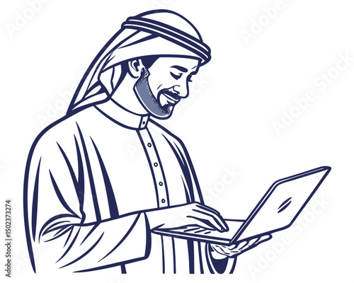 Successful Middle Eastern Businessman Working on Laptop with a Smile