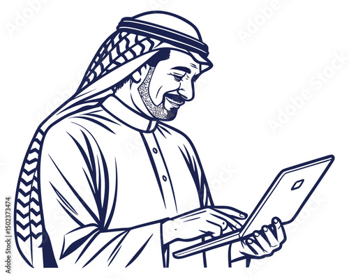 Arabian Businessman Working On Laptop Using Modern Technology Solutions