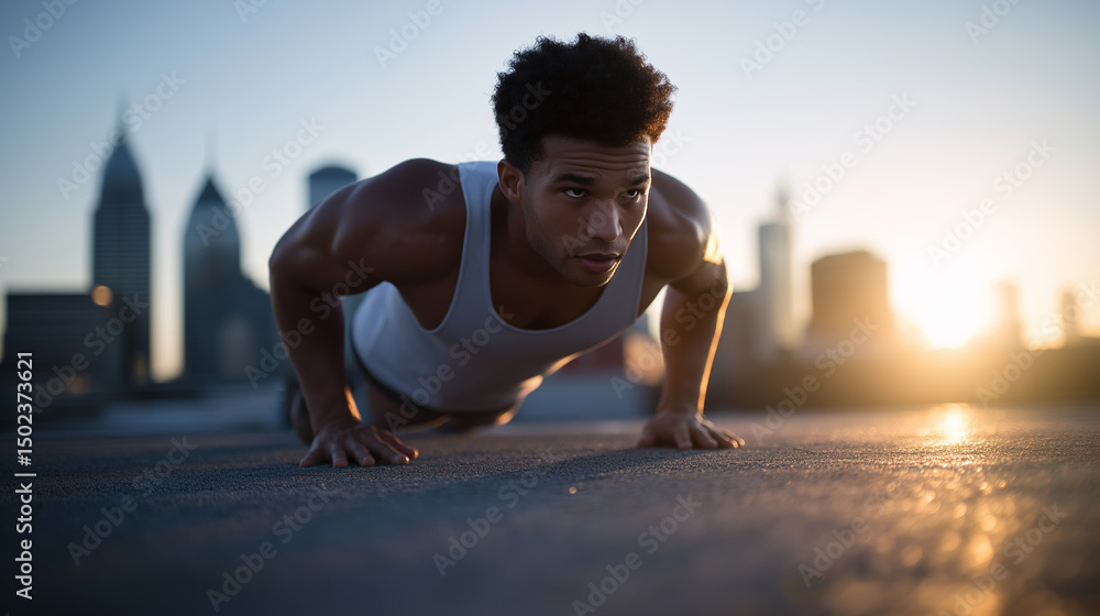 Naklejka premium Athletic man doing push-ups on a rooftop at sunrise with a city skyline in the background.