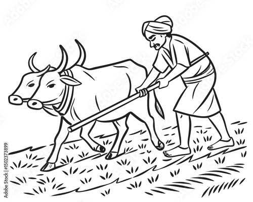 Farmer Cultivating the Land with an Oxen Pair Hand Drawn