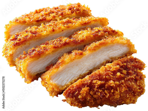 Crispy fried chicken cutlet recipe, panko breaded chicken breast, japanese katsu on transparent background