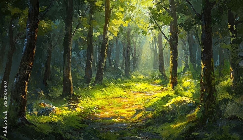 Fototapeta premium Sunlight streams through a dense forest path. Lush green trees line a pathway, dappled with sunlight