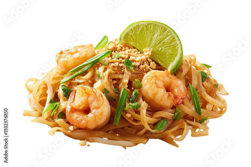 Delicious pad thai with shrimp recipe: authentic thai noodle dish with lime on transparent background