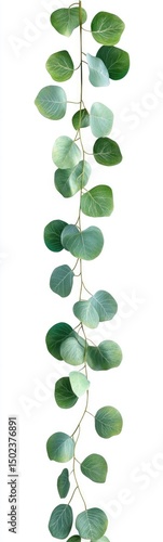 Vertical garland of eucalyptus leaves.  A string of round, light to medium green leaves hangs vertically against a white background.  The leaves are attached to a thin light beige stem/vine