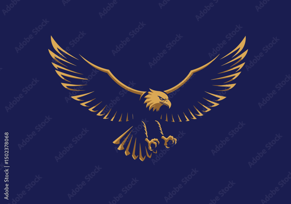 Obraz premium Eagle in flight logo, sharp wings and bold lines, flat vector style, navy blue and gold colours.