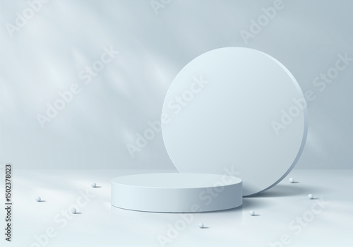 3D light blue podium background with ball beads, Circle backdrop. Abstract geometric composition in minimalist design. Studio display showroom product pedestal, Fashion stage showcase mockup scene.