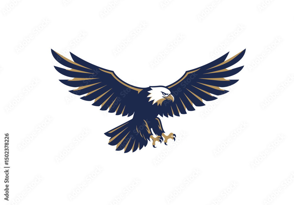 Obraz premium Eagle in flight logo, sharp wings and bold lines, flat vector style, navy blue and gold colours.