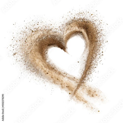 A heart shape formed from sand and light material against a black background in a close up view