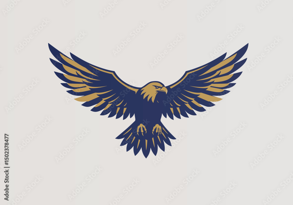 Fototapeta premium Eagle in flight logo, sharp wings and bold lines, flat vector style, navy blue and gold colours.
