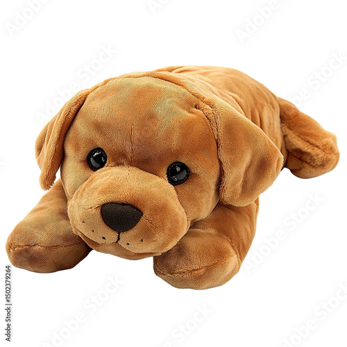 Adorable brown stuffed dog lying down isolated on transparent background.