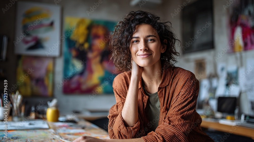 Fototapeta premium Confident Woman Giving Casual Presentation in Creative Workspace