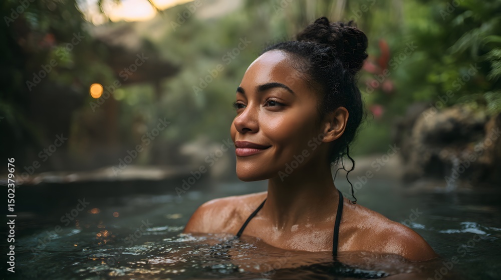 Obraz premium Portrait of a woman in a hot spring surrounded by lush greenery enjoying a relaxing moment outdoors