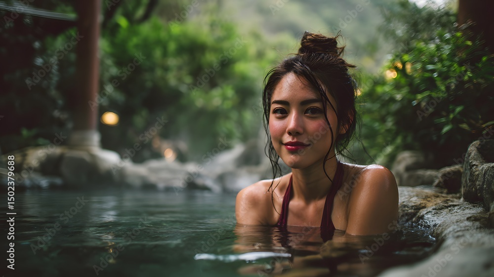 Fototapeta premium Woman with a bun in a hot spring surrounded by lush greenery and rocks looking at the camera smiling