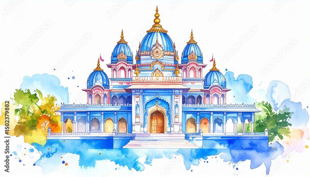 Obraz premium Watercolor illustration of blue temple with domes and golden details surrounded by colorful splashes and trees, evoking peaceful and artistic atmosphere