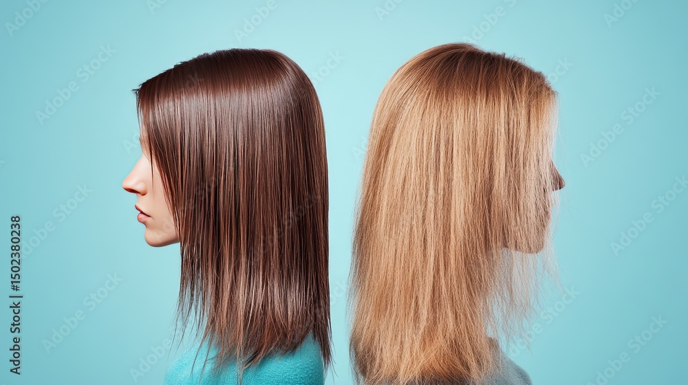 Neatly trimmed hair ends with shine compared to dry, untrimmed frizzy hair Neatly trimmed hair ends with shine compared to dry, untrimmed frizzy hair