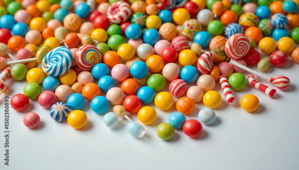 Obraz premium Colorful Assortment of Various Round Hard Candies and Lollipops Spread on a Surface
