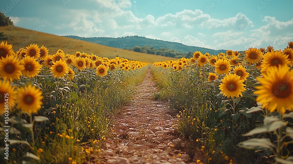 Fototapeta premium Sunflower field path leads to hazy hillside