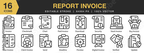 Report Invoice icon set. Editable Stroke Icon Collection. Includes business, invoice, report, financial, tax, accounting, and More. Outline icons vector collection.