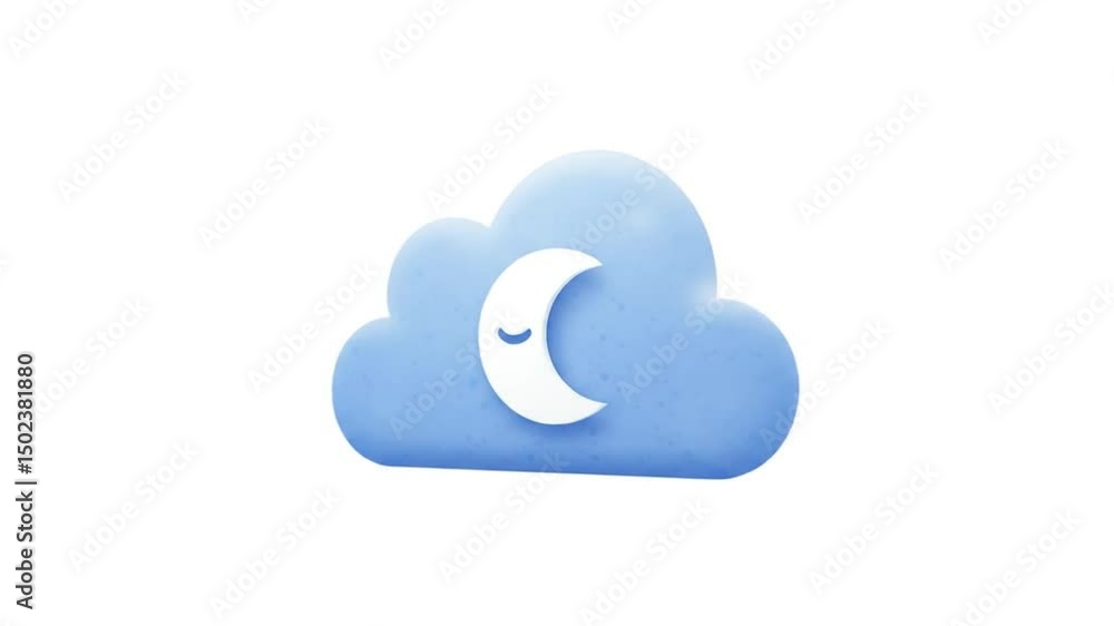 A light blue cloud with a smiling white crescent moon on a white background in a cartoon style A light blue cloud with a smiling white crescent moon on a white background in a cartoon style