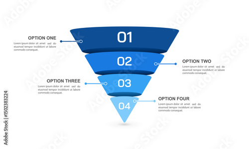 Sales and marketing funnel strategies 4 stages infographic template. Business Presentation, Strategy, Plan and Plan. Vector illustration.