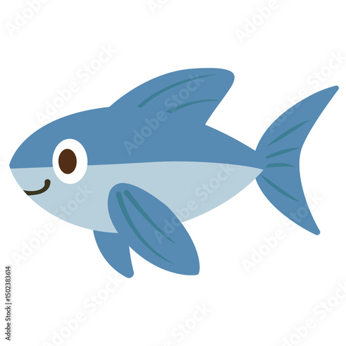 A cute blue fish illustration with fins and tail, designed in a cartoon style, representing a freshwater species swimming in nature.