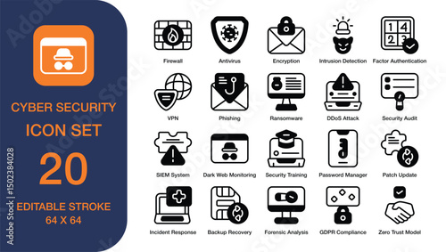 Cyber Security set of web icons in dual tone style. Containing firewall, antivirus, phishing, ransomware, VPN, DDoS Attack, Encryption, and more. high quality